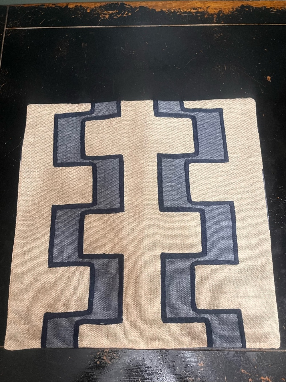 1 Neutral Linen Pillow Cover with Geometric Blue Motif 20x20
